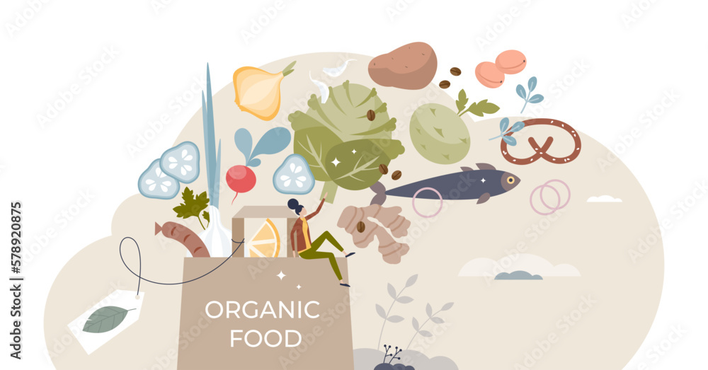 Food organics as fresh or healthy product consumption tiny person concept, transparent background. Ecological nutrition purchase from local store for wide assortment meal preparation illustration. - obrazy, fototapety, plakaty 