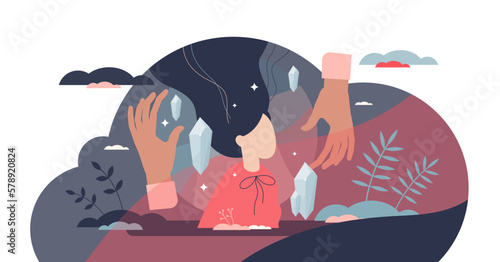 Energy healing and spiritual crystal power for therapy tiny person concept, transparent background. Wellness and esoteric alternative medicine with holy mystic faith illustration.