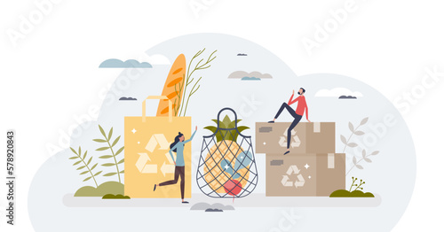 Environmental friendly packaging for shopping and grocery tiny person concept, transparent background. Product with cardboard paper boxes and reusable carton illustration.