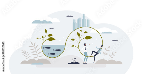 ESG or social governance investing for nature balance tiny person concept, transparent background. Ecological business approach with sustainable and ecological principles illustration.