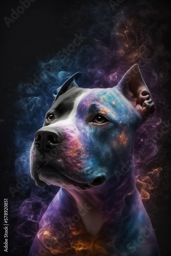 Beautiful Artistic Spiraling Galaxies Star and Iridescent Nebulae in Intricate Detail, Forming Shape of a American Pit Bull Terrier dog Animal in Space with Smoke Misty Background (generative AI)