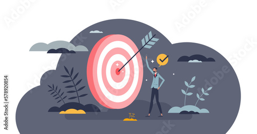 Excellence at work and perfect job target performance tiny person concept, transparent background. Objective accomplishment and challenge achievement illustration. Top results or quality.