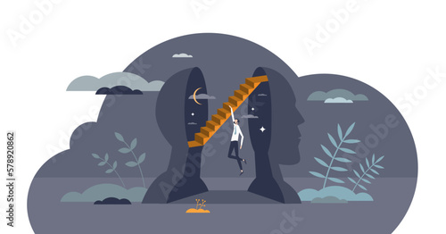 Existentialism as philosophical search for life meaning tiny person concept, transparent background. Existential inner thoughts as try to understand core of meaning and purpose illustration.