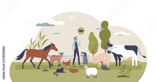 Fototapete Farm animals grow for domestic milk, eggs or meat supply tiny person concept, transparent background