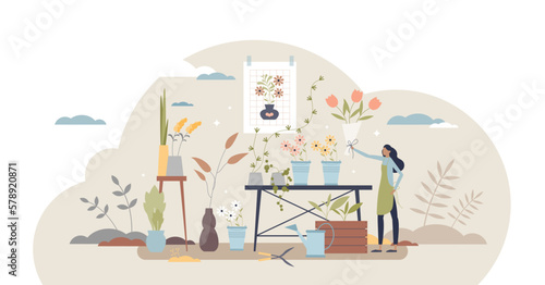 Florist occupation as professional flower bouquet seller tiny person concept, transparent background. Creating pretty daisies.