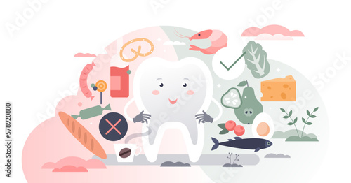 Foods for healthy teeth as educational dental protection tiny person concept, transparent background. Oral care and decay prevention with eating right products illustration.