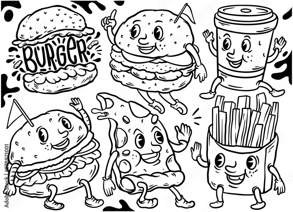 Set of burger and pizza, French fries in retro cartoon style line art ...