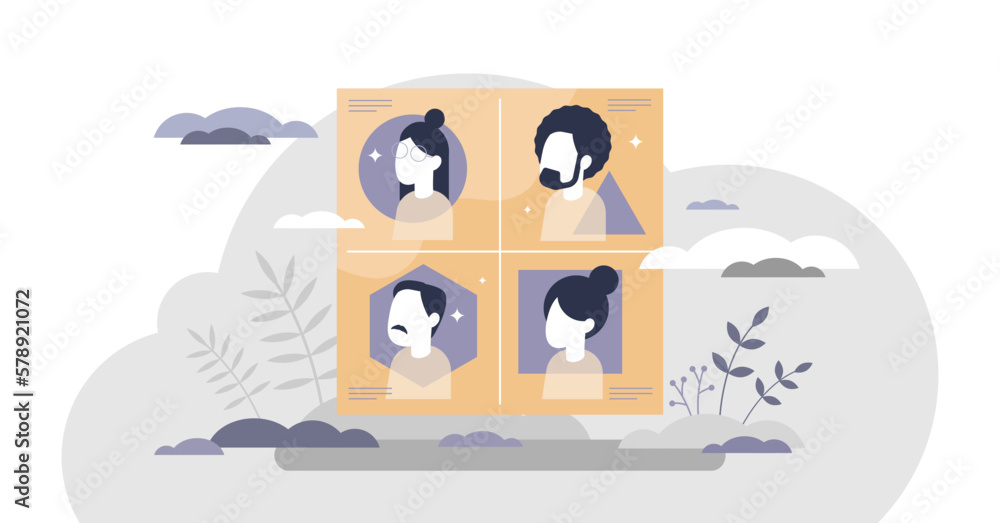 Personality types as various characteristics or moods tiny person concept, transparent background.Psychological mental groups division illustration. - obrazy, fototapety, plakaty 