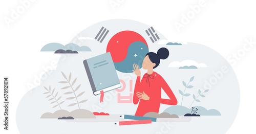 Learn korean language, grammar and communication tiny person concept, transparent background. Asian alphabet education, linguistic literature and international course training.