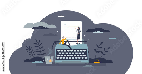 Literature art form with creative author book writing tiny person concept, transparent background. Poetry, story or novel typing manuscript illustration. Professional publisher as artistic occupation.