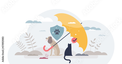 Pet insurance and animal health care financial protection tiny person concept, transparent background. Security coverage for cat and dog medical cost in case of veterinarian expenses illustration.