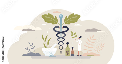 Phytotherapy or herbalism as plants usage for medication tiny person concept, transparent background. Disease and illness prevention or treatment with natural herbal ingredients illustration.