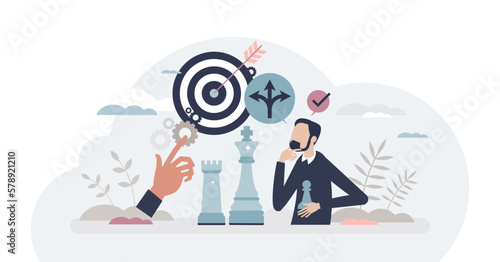 Strategic management or future company goal planning tiny person concept, transparent background. Smart challenge solution with precise decisions or situation analysis illustration.