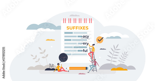 Suffixes english grammar topic to learn word ending types tiny person concept, transparent background. Communication study and foreign course learning illustration.