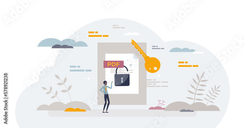 Unlock PDF tool for file editing and document access tiny person concept, transparent background. Open password locked information with software tool illustration.