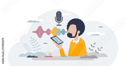 Voice assistant and smart technology for personal AI help tiny person concept, transparent background. Device with sound recognition for communication and virtual robot talk illustration.