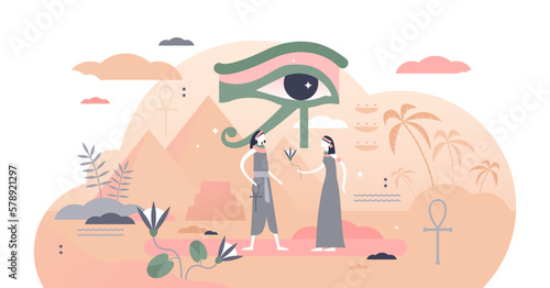 Ancient Egypt illustration, transparent background. Pyramids and eye of horus symbol flat tiny persons concept. Abstract scene with traditional antique egyptian people. Historical heritage landmark.