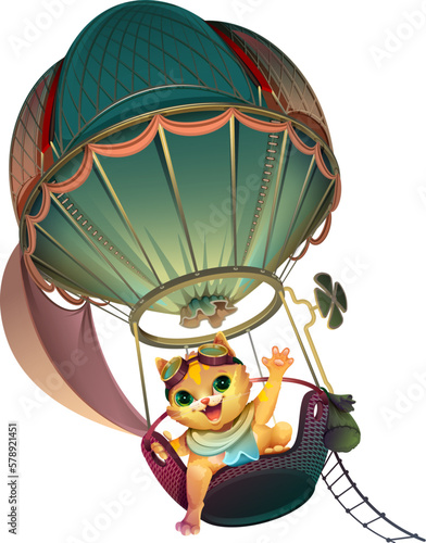 Red cat travel in hot air balloon steam punk illustration