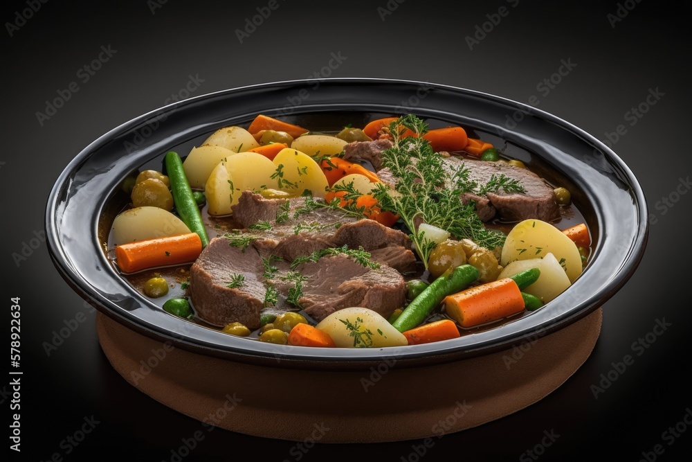 On a round dish with serving pieces, we have a new serving of meat and potato braising. Generative AI