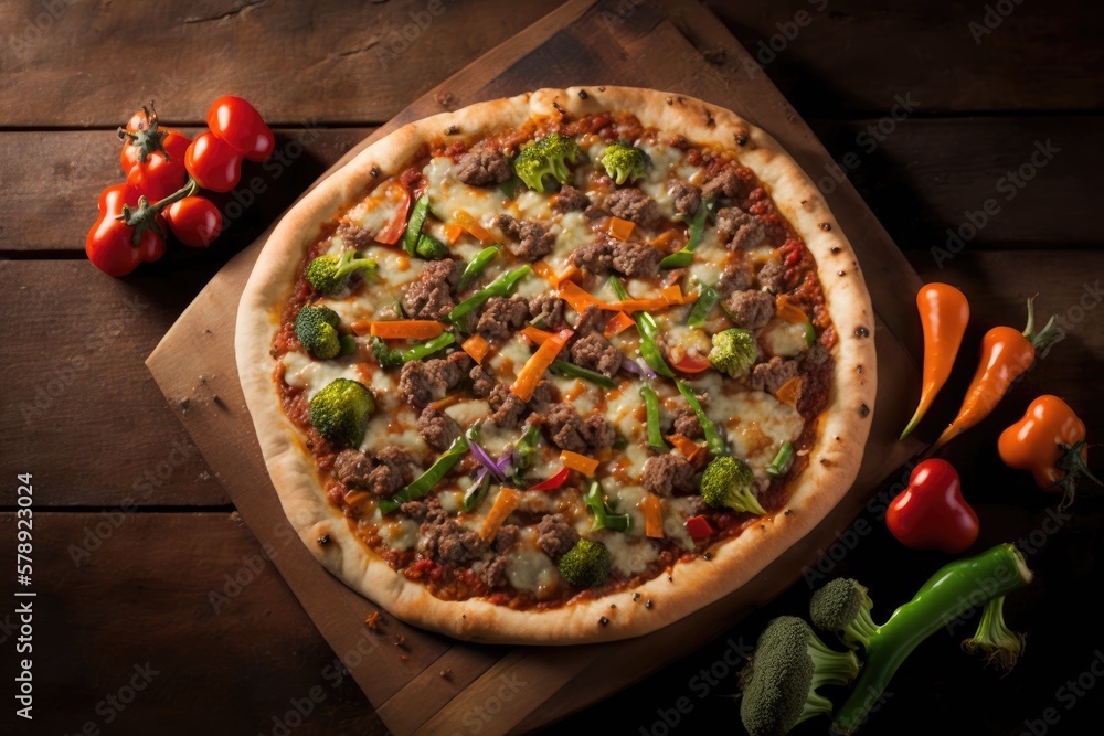 Image of a pizza topped with ground meat, vegetables, and a wooden background. Generative AI