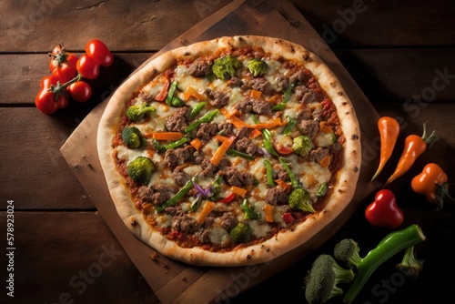 Image of a pizza topped with ground meat, vegetables, and a wooden background. Generative AI