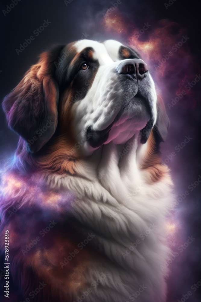 Beautiful Artistic Spiraling Galaxies Star and Iridescent Nebulae in Intricate Detail, Forming Shape of a Saint Bernard dog Animal in Space with Smoke Misty Background (generative AI)