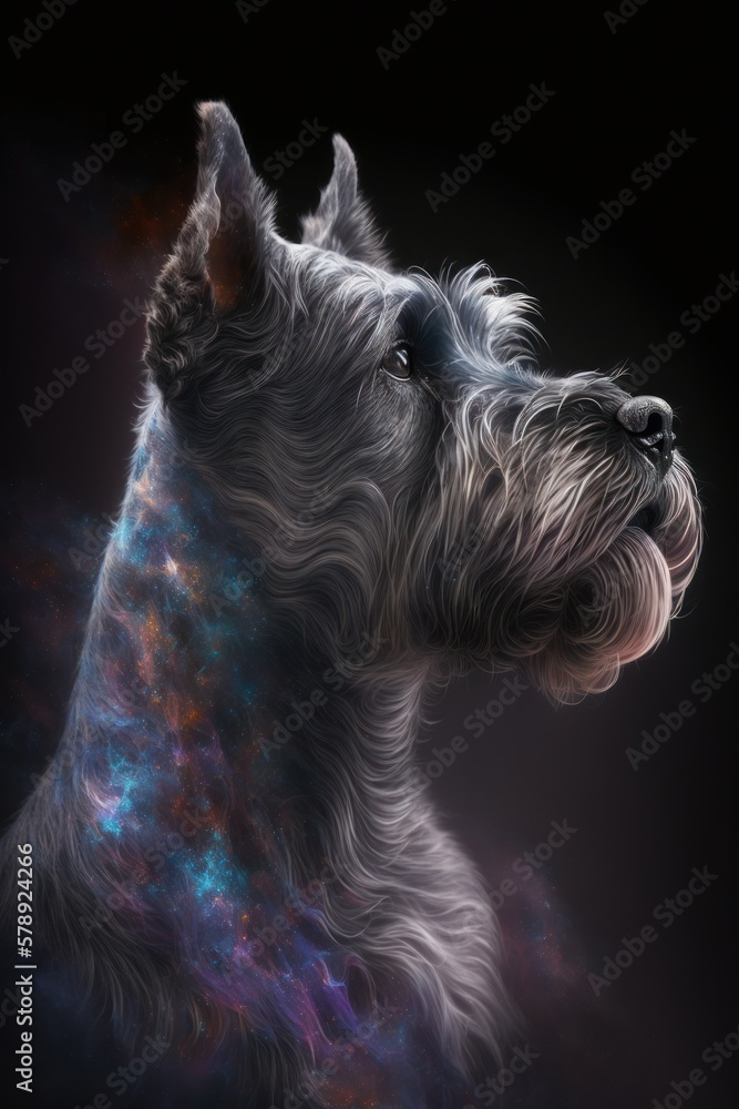 Beautiful Artistic Spiraling Galaxies Star and Iridescent Nebulae in Intricate Detail, Forming Shape of a Standard Schnauzer dog Animal in Space with Smoke Misty Background (generative AI)