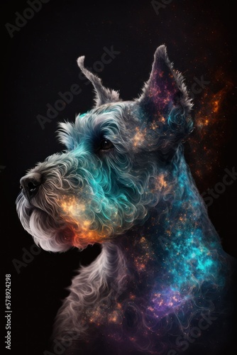 Beautiful Artistic Spiraling Galaxies Star and Iridescent Nebulae in Intricate Detail, Forming Shape of a Standard Schnauzer dog Animal in Space with Smoke Misty Background (generative AI)