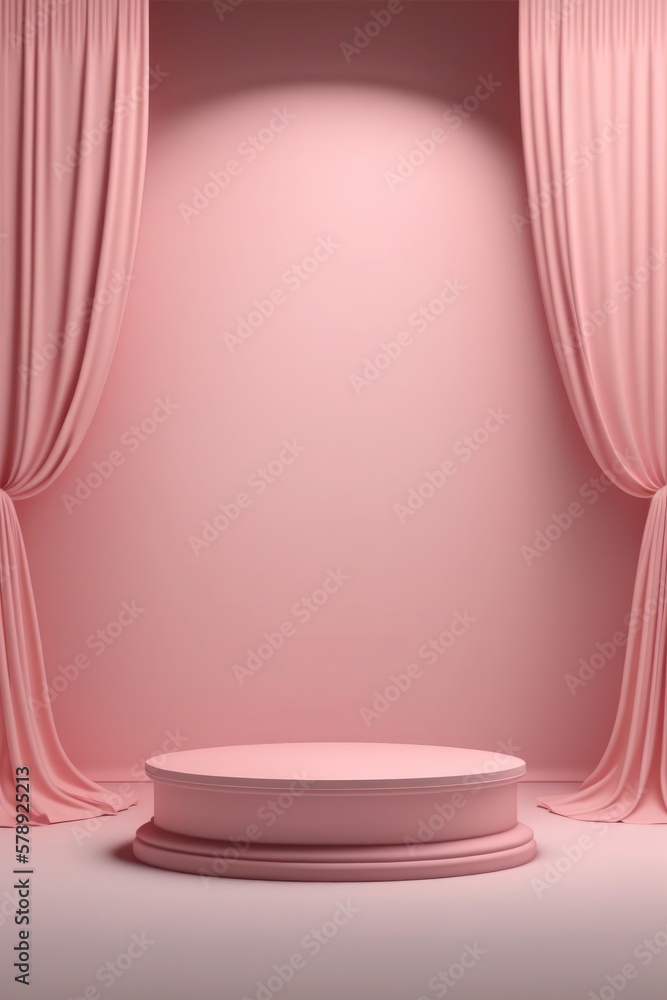 Empty pink podium with curtains for product display. Generative AI