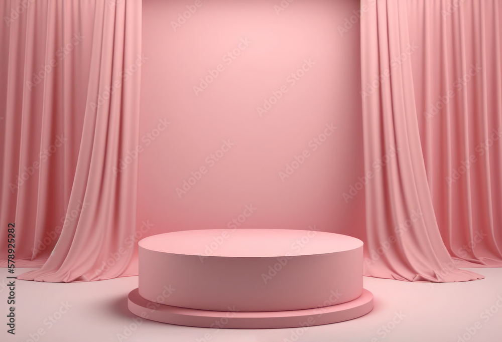 Empty pink podium with curtains for product display. Generative AI Empty pink podium with curtains for product display. Generative AI