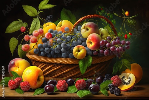 A basket of juicy  ripe summer fruits. Generative AI