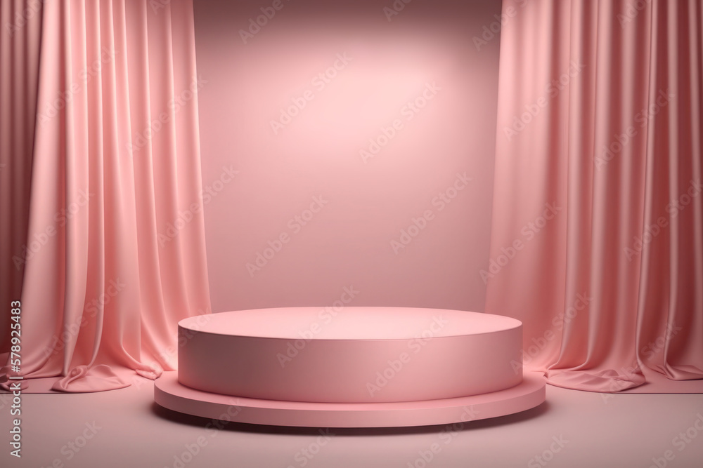 Empty pink podium with curtains for product display. Generative AI Empty pink podium with curtains for product display. Generative AI