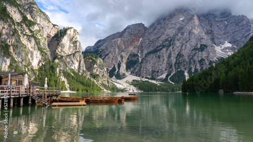 Lake Braies, Italy. Amazing view of the famous alpine lake Braies. Picturesque mountain lake at Dolomites. Wonderful nature contest. Iconic location for photographers. Best of Italy. Summer time