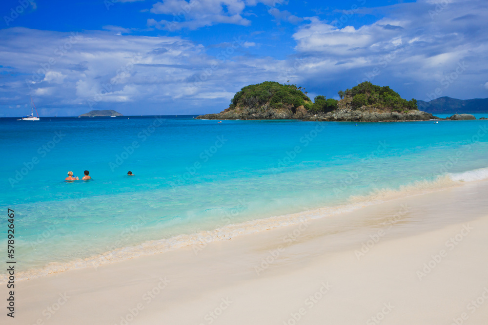 Picturesque Trunk Bay is very popular beach in St John, US Virgin Islands in the Caribbean 