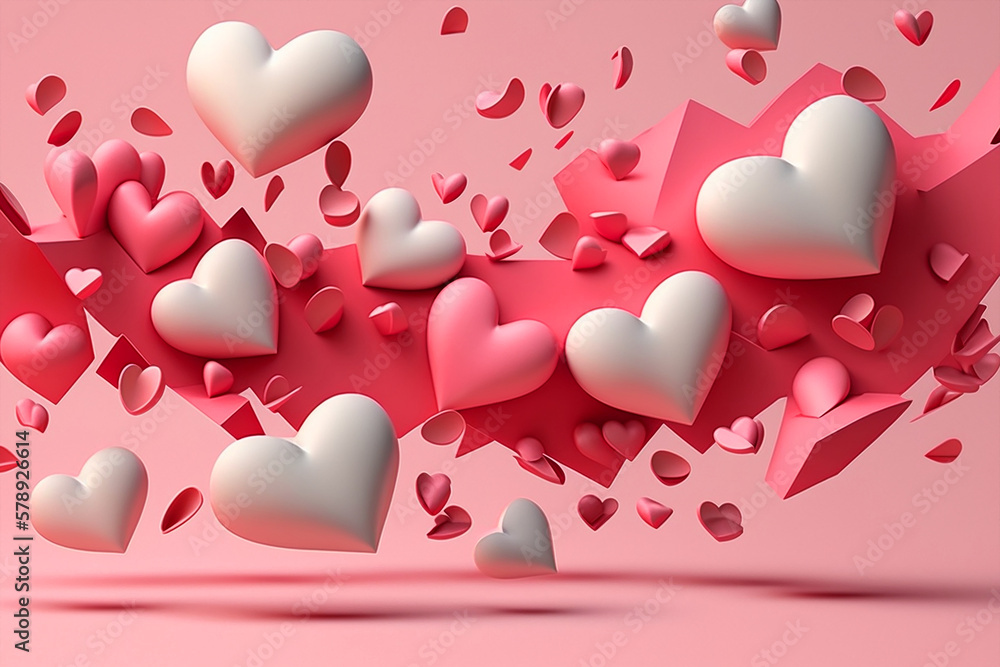 Flying hearts, pink background. Generative AI	