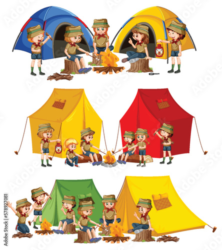 Set of Children Enjoying Camping