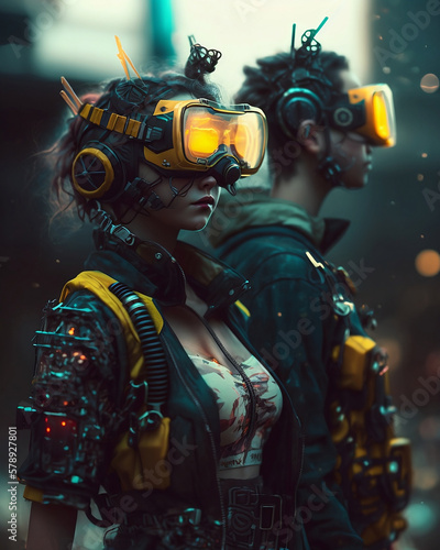 A Cyberpunk Boy and Girl Wearing Yellow and Black Glowing Goggles Generative AI