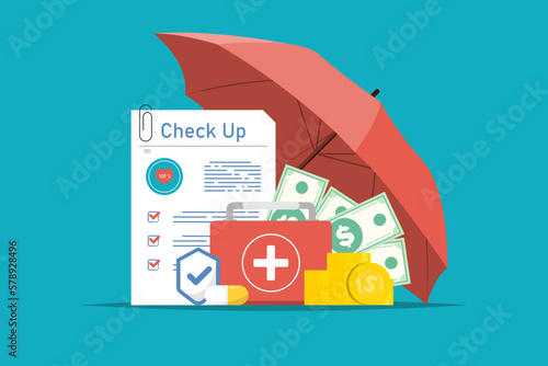 Health insurance concept, Health insurance document under umbrella with coin, money, capsule on isolated background, Digital marketing illustration.