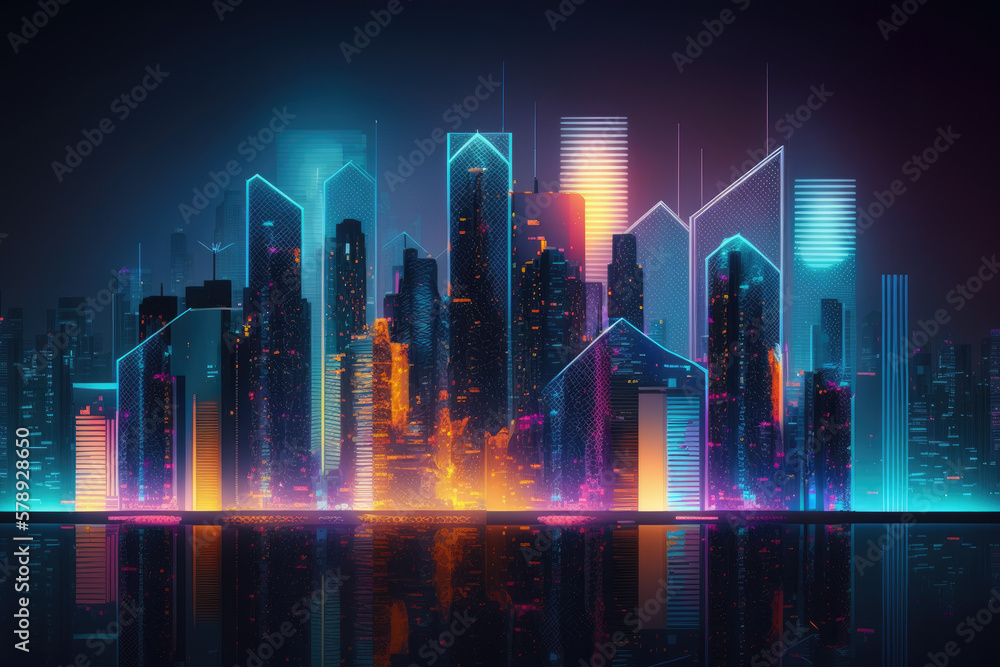 Smart city and big data concept.Futuristic cityscape at night. Generative AI 