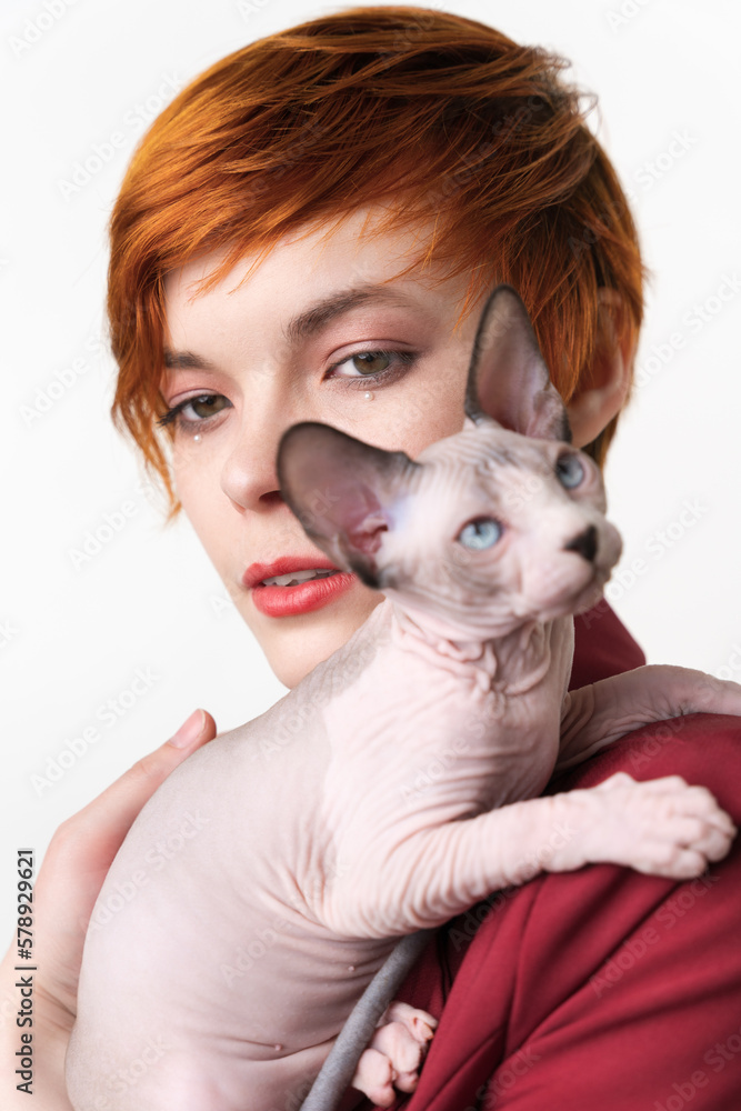 Canadian Sphynx Cat looking away, sitting on shoulder redhead young woman. Selective focus on foreground domestic hairless kitten, shallow depth of field. Studio shot, white background. Part of series Canadian Sphynx Cat looking away, sitting on shoulder redhead young woman. Selective focus on foreground domestic hairless kitten, shallow depth of field. Studio shot, white background. Part of series