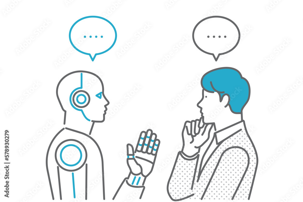 AIロボットと会話をする男性のイメージイラスト AIロボットと会話をする男性のイメージイラスト