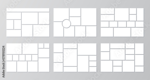 Moodboard template. Collage grid. Set mood boards. Photography album layout. Frame banner with photo pictures. Portfolio images. Mosaic scrapbook backgrounds. Presentation mockup. Vector illustration