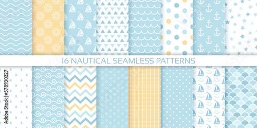 Nautical seamless background. Marine sea patterns. Set blue print with sailboat, anchor, waves, polka dot, zigzag. Childish texture for baby shower, scrapbooking. Geometric design. Vector illustration