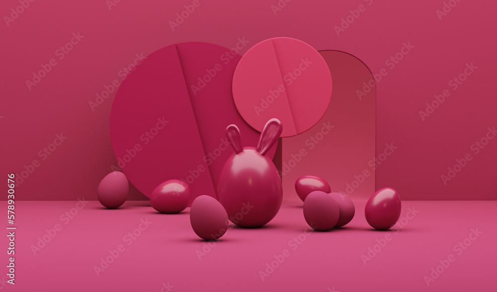 Fototapeta premium Viva magenta is a trend colour year 2023 in easter holiday. Easter eggs with Rabbit ears on dark pink background. Banner, web poster, flyer cover, greeting card.3d render