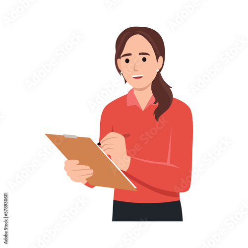Young woman holding clipboard and writing. Vector illustration in cartoon style.