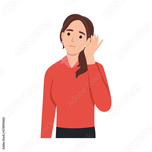 Cartoon character of woman listening to gossip or hearing news. Flat design.