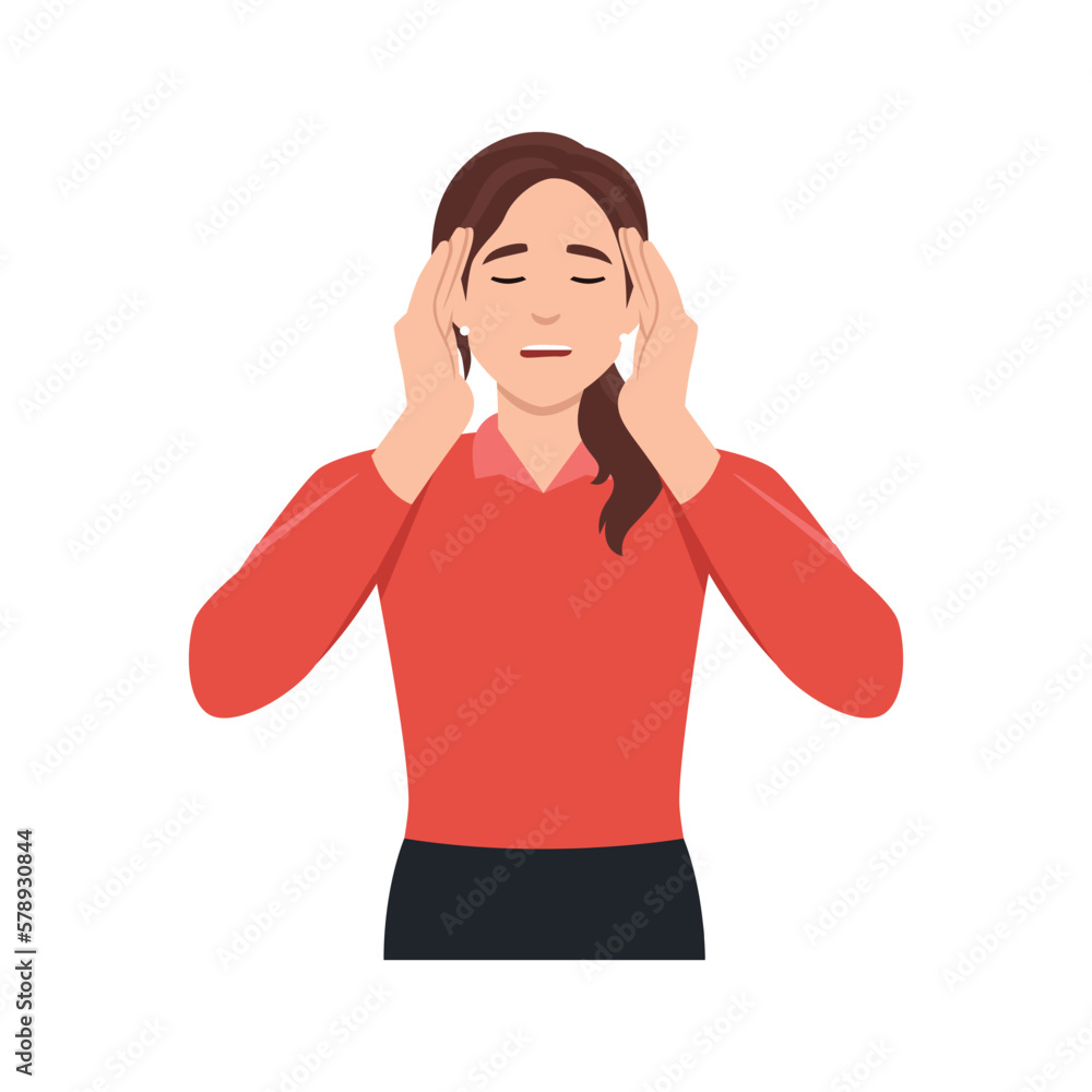 Vector illustration of female with open mouth, clutching at head with both hands, suffering from headache, panic and depression. Vector illustration of female with open mouth, clutching at head with both hands, suffering from headache, panic and depression.