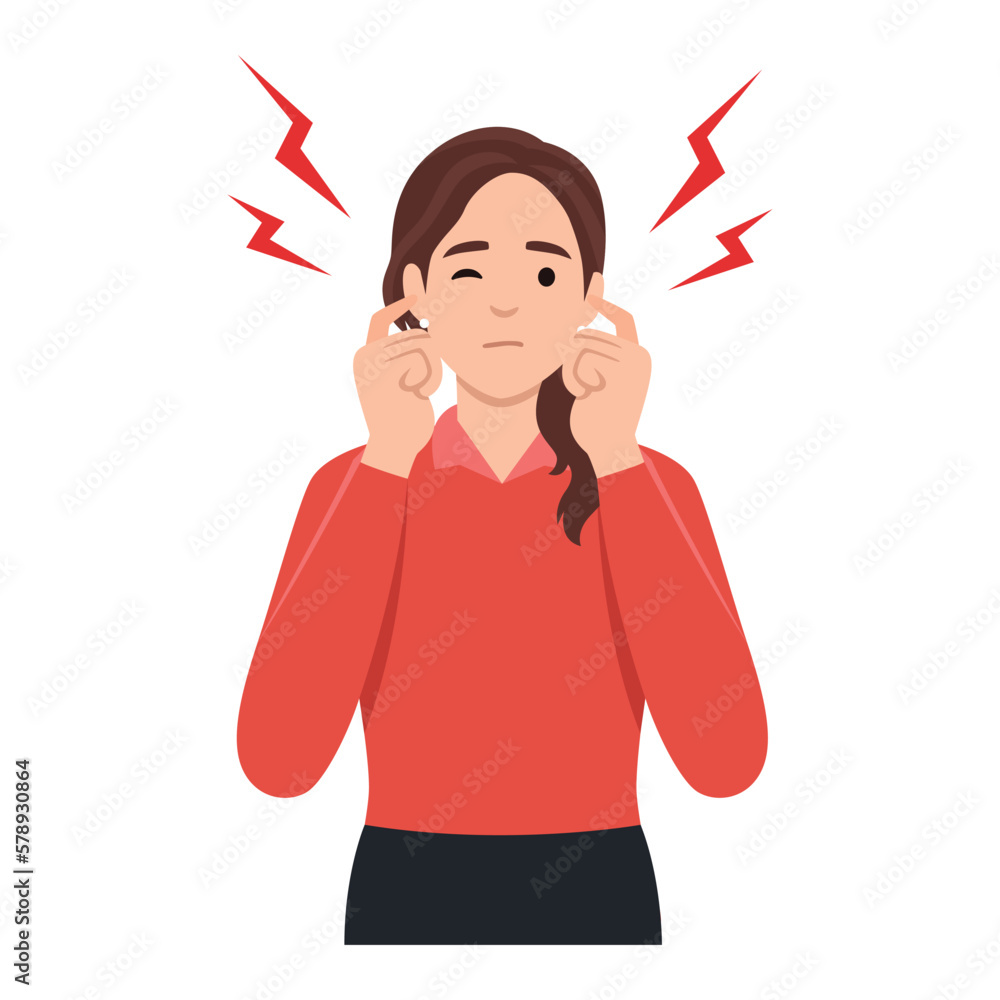 Young woman covering ears and silence concept. Young sad irritated