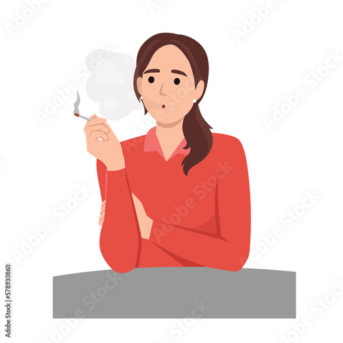 Depressed young woman smoking cigarettes. Concept of tobacco addiction, bad habit, negative behavior. Mental illness, behavioral problem, psychiatric condition