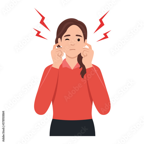 Young woman covering ears and silence concept. Young sad irritated woman cartoon character standing covering her ears with fingers.